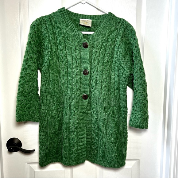 ⭐️ Kilronan Knitwear Sweater Cardigan Fisherman Green Merino 100% Wool Ireland - Picture 2 of 16